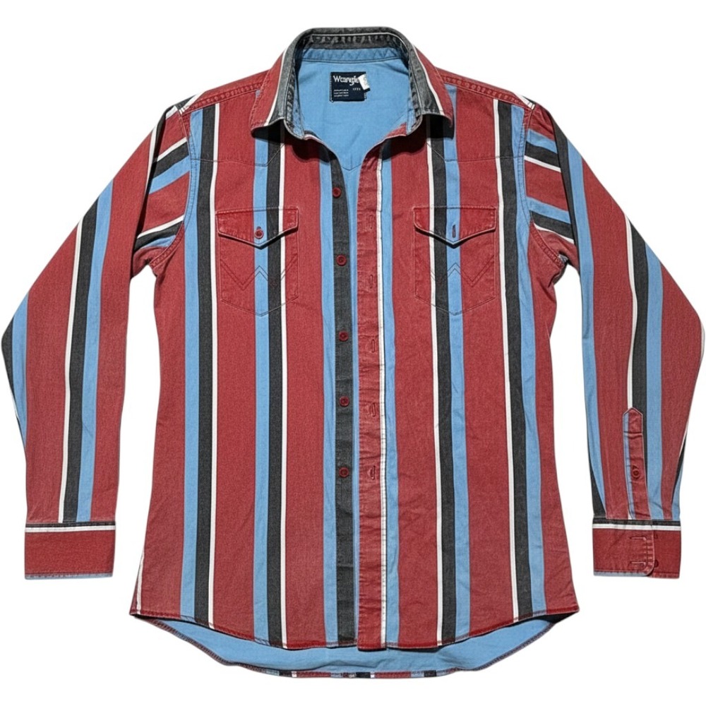 Vintage Wrangler Brushpopper Western Shirt Red Blue Striped Pearl Snap 15-35